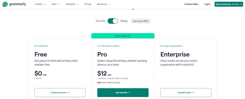 Grammarly Pricing Plans 