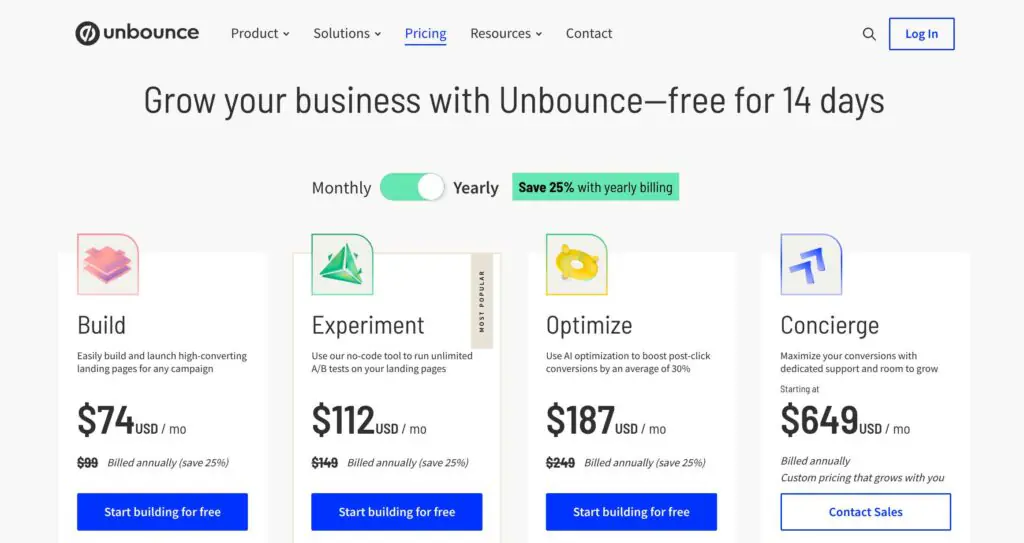 Unbounce Pricing Plans