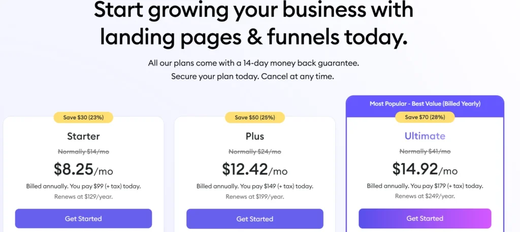 Optimizepress Pricing plans 
