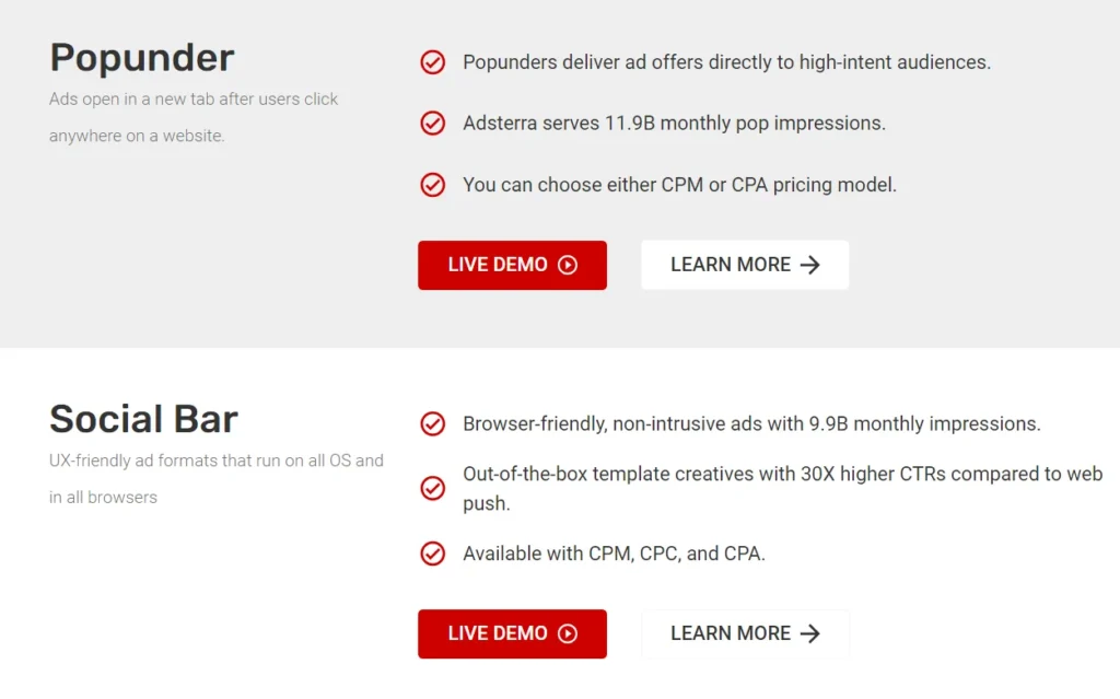 Adsterra Ad formats 
