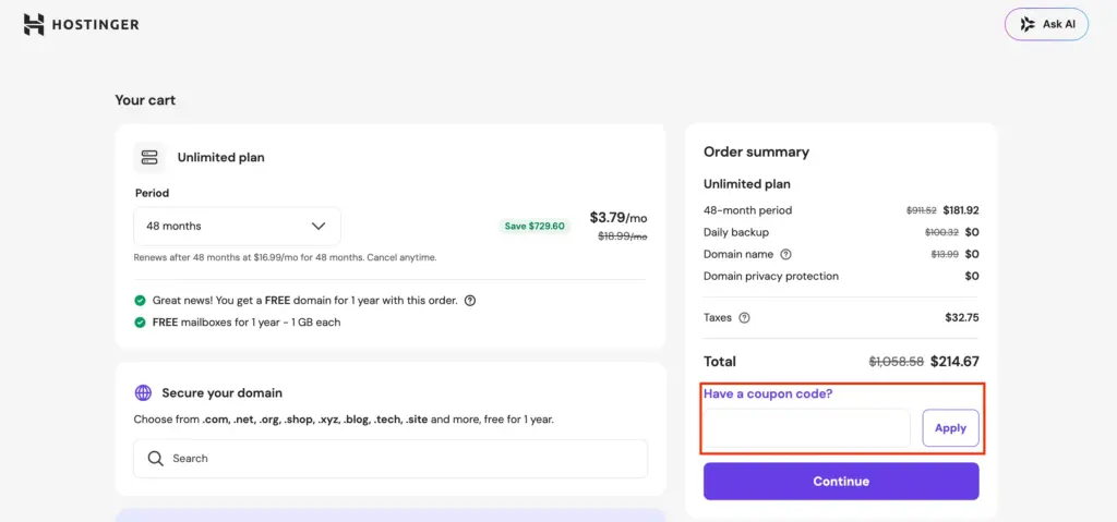 Apply Hostinger Coupon
