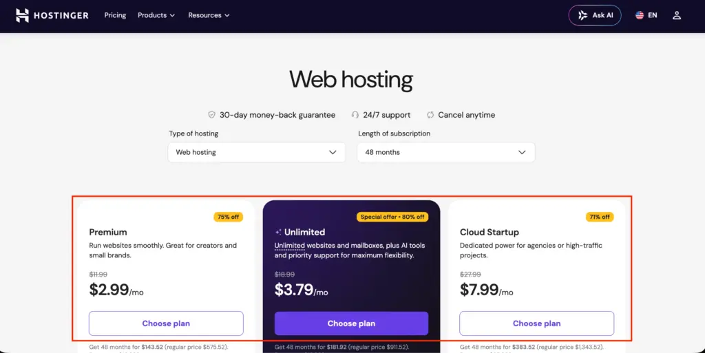 Select Hostinger Pricing