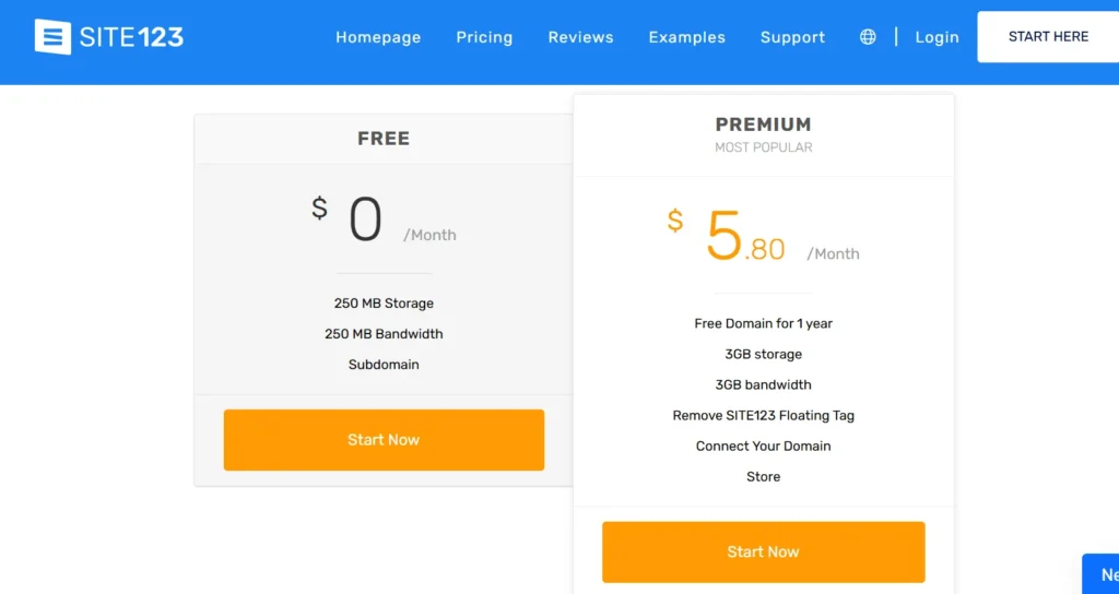 SITE123 Pricing Overview 