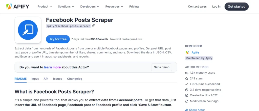Apify Facebook Scraper tool 