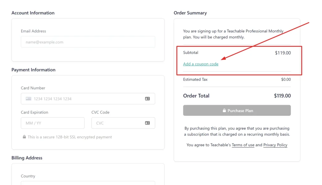 apply Teachable coupon code