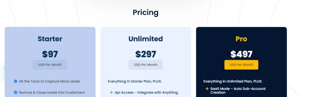 Gohighlevel pricing Plans 
