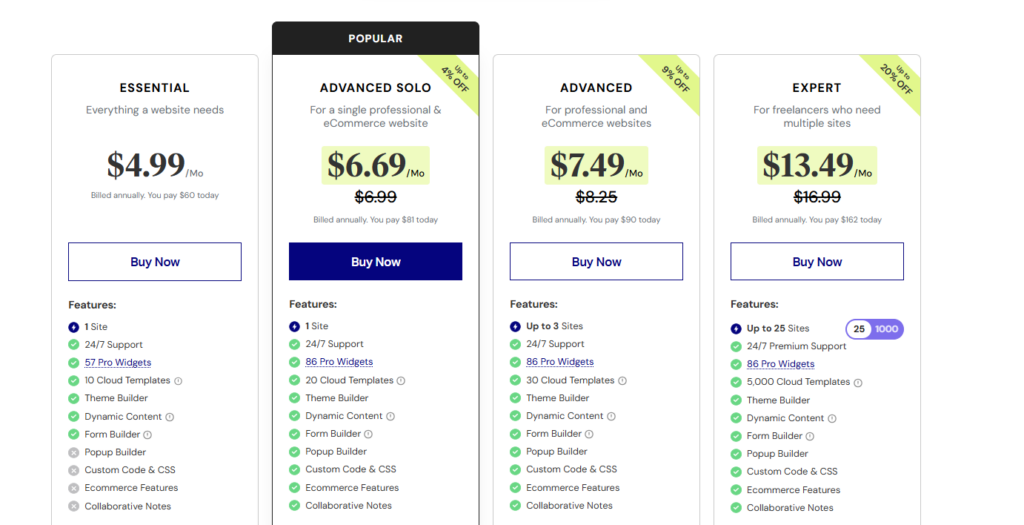 elementor pricing Plans 