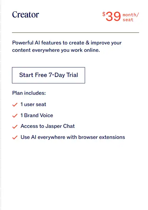 Jasper AI Pricing Creator Plan 