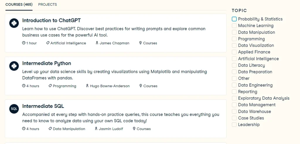 Datacamp Course offerings 