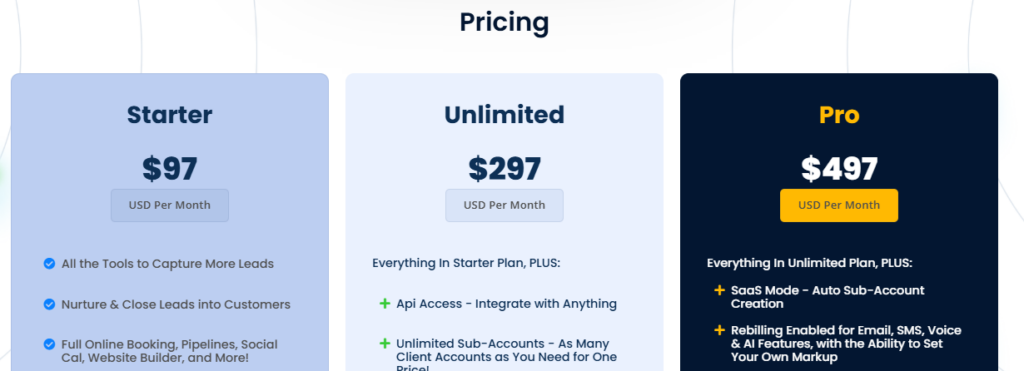 Gohighlevel Pricing Plans