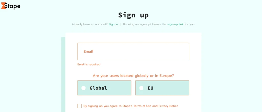 Stape account creation