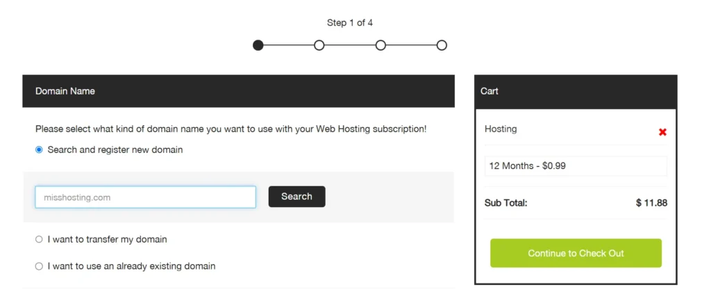 Miss Hosting Check out Page