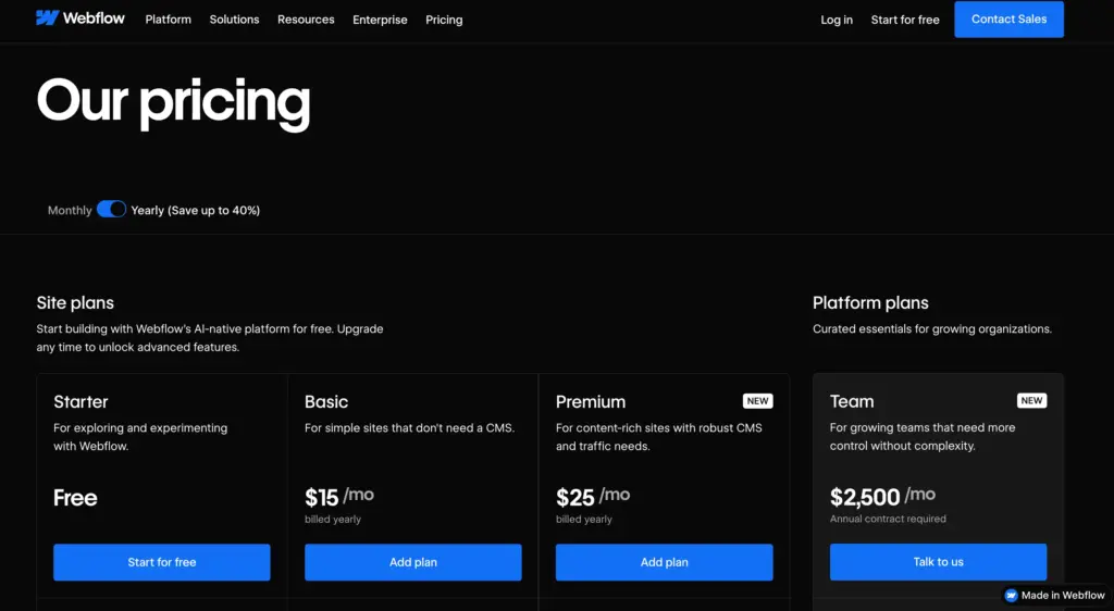 Webflow Pricing Plans