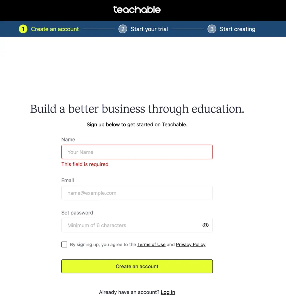 Create Your Account With Teachable