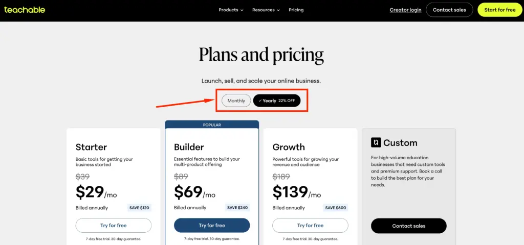 Select Your Teachable Monthly or Annual Billing Pricing